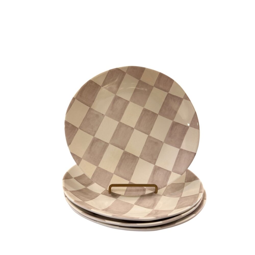 Set 4 Checkered Taupe &‎ Cream Melamine 11" Dinner Plates Plate Shiny Finish NEW